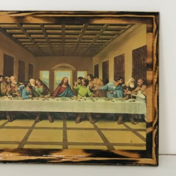 VTG Last Supper Da Vinci Decoupage Religious Wall Hanging Burnt Wood 11" x 9.5" - Picture 3 of 11